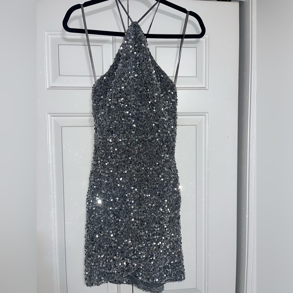 Hello Molly Silver Sequin Halter Mini Dress - Picture 2 of 6
